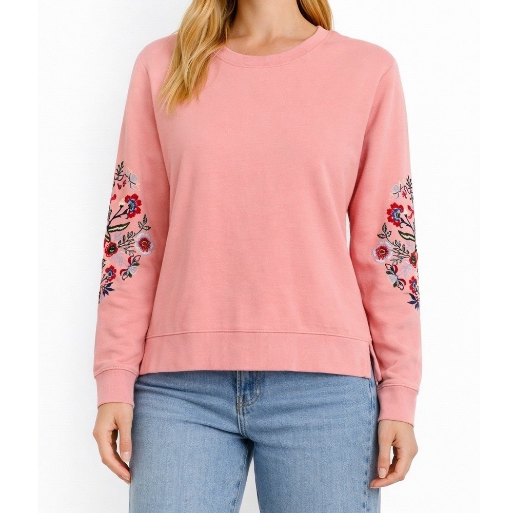 Talbots‎ 1X Women Pink Floral Embroidered Sleeve Crewneck Sweater Cottage